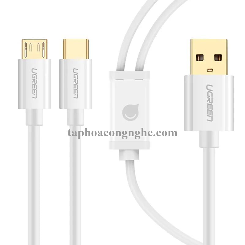Ugreen 30575 0.5M màu Trắng Cáp USB-A sang Micro USB + USB-C cao cấp US197 30030575